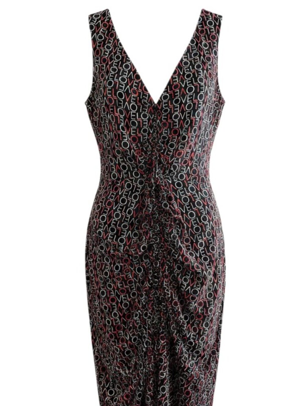 Sleeveless Midi Dress with Ruched Front Detail & Love Print